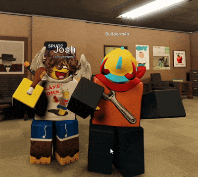 two roblox characters are standing next to each other in a room with builder4n written on the wall