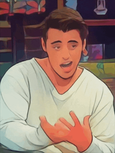 a man in a white shirt is making a funny face with his hands on his chest