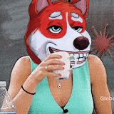 a woman wearing a red and white dog mask is drinking a cup of coffee