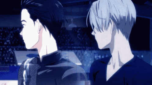 two anime characters are standing next to each other in a dark room