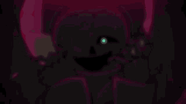 a skeleton with a green eye is standing in the dark .