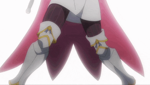 a close up of a person 's legs with a pink cape behind them