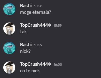 a screenshot of a discord conversation between bastii and nick