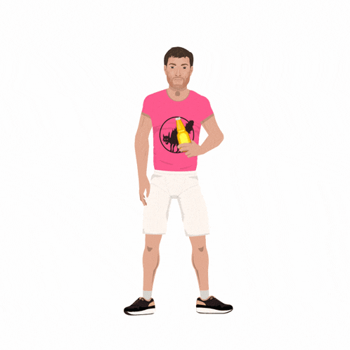 a man in a pink shirt with a black cat on it is holding a bottle
