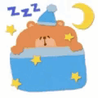 a teddy bear is sleeping in a blue blanket with stars and a moon .