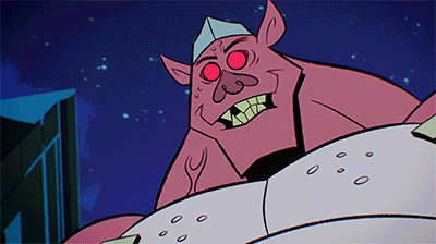 a cartoon of a monster with red eyes and a white hat