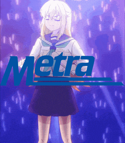 a girl in a sailor uniform stands in front of a blue sign that says metra