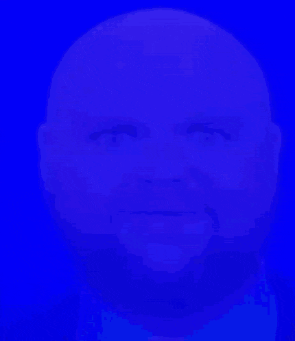a bald man with a beard is wearing a blue shirt and a blue tie .
