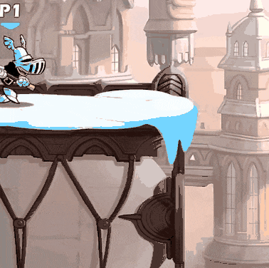 a video game shows a knight on a balcony with the number p1 on the bottom