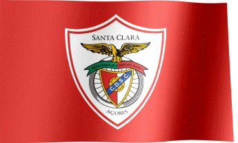 a red and white santa clara flag with a shield on it