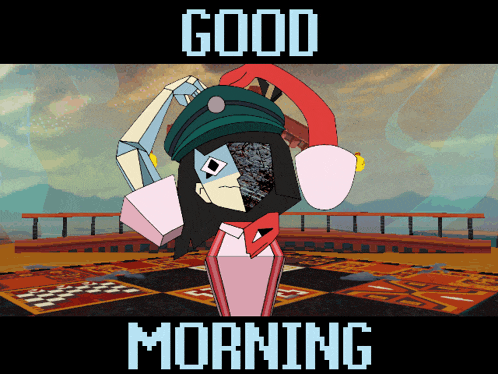 a poster that says good morning with a robot