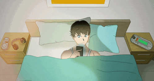 a cartoon of a man laying in bed looking at his cell phone