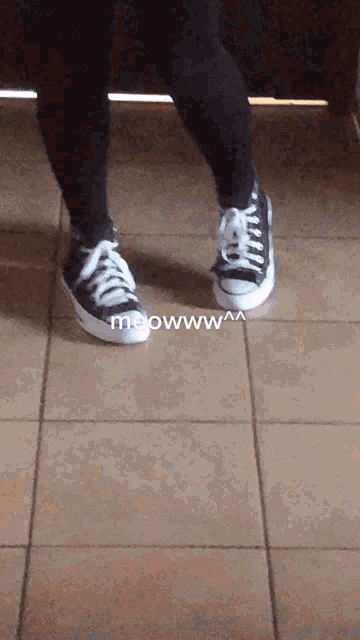 a person wearing a pair of black and white sneakers with the word meowwww on the bottom