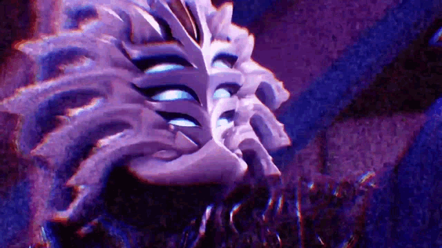 a close up of a purple and blue painting of a skeleton .