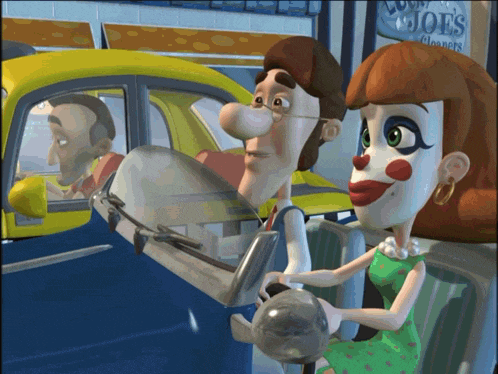 a couple of cartoon characters are sitting in a car in front of a sign that says joe 's cleaners
