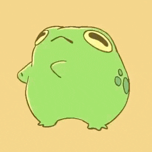 a green frog with big eyes is standing on a yellow background and looking up .