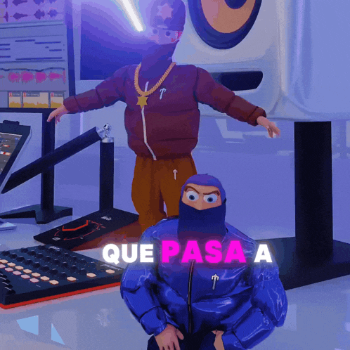 a cartoon drawing of a man in a mask with que pasa a written on the bottom