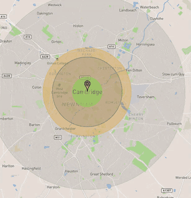 a map showing the location of cambridge in the middle of the circle