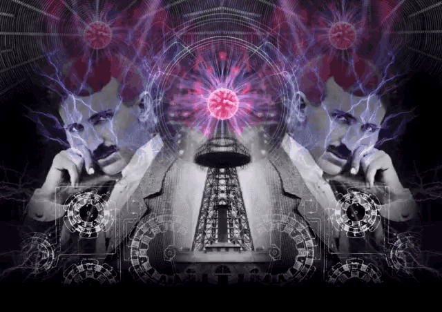 a man in a suit stands in front of a tesla tower surrounded by lightning