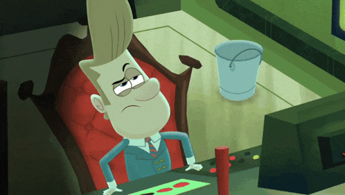 a cartoon character is sitting in a chair with a bucket on the table