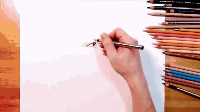 a person drawing with prismacolor colored pencils in the background