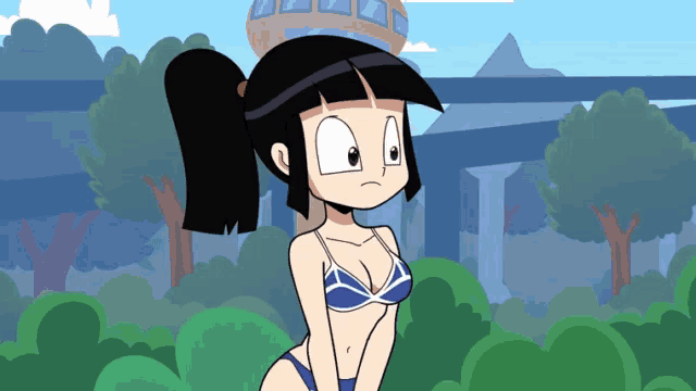 a cartoon girl in a bikini stands in a forest