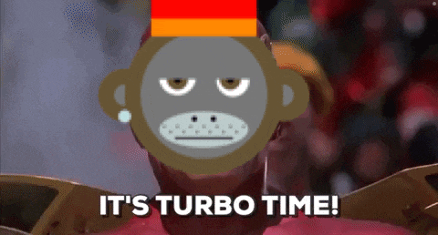 a man with a monkey face and the words it 's turbo time