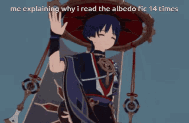 a picture of a anime character explaining why he read albedo fic 14 times