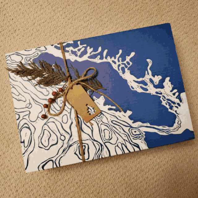 a gift wrapped in blue and white paper has a tag that says ' christmas ' on it