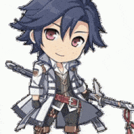 a cartoon character with blue hair is holding a sword and a rope