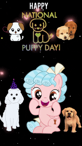 a poster for national puppy day with a pink pony