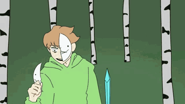 a cartoon of a man in a green hoodie with a mask on his face holding a sword .