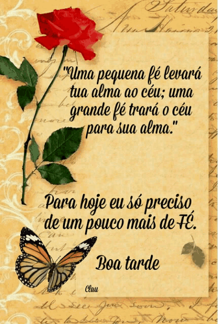 a card with a red rose and a butterfly and the words boa tarde