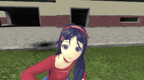 a girl in a red shirt is standing in front of a building with the number 100 on the ground