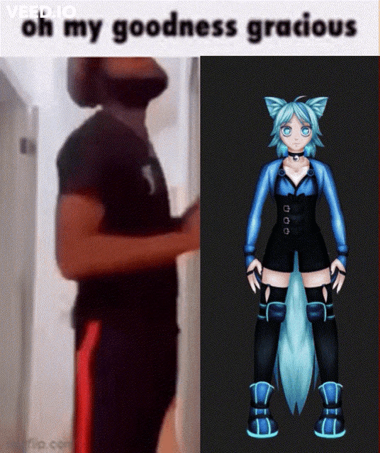 a man is standing next to a picture of a girl with blue hair and a tail