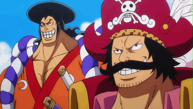 two cartoon characters are standing next to each other and one has a skull and crossbones on his hat
