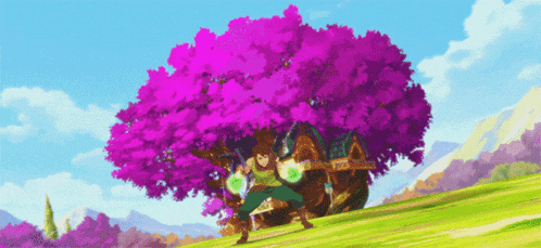 a cartoon of a man standing in front of a tree with purple flowers
