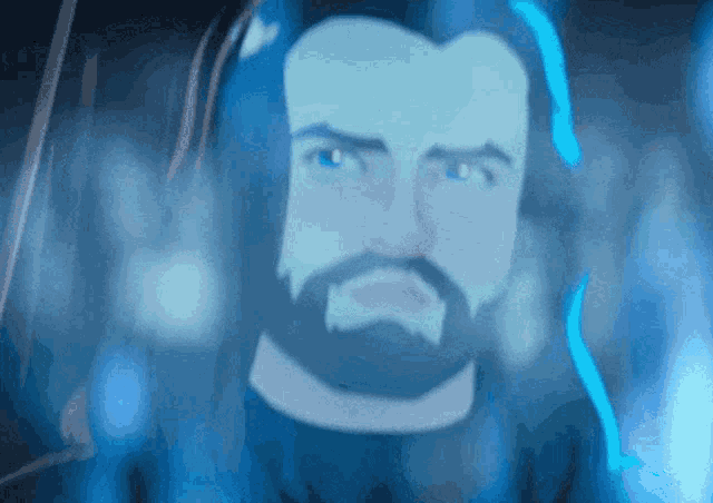 a cartoon of a man with a beard and a blue background