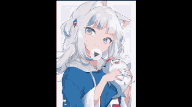 a girl with white hair and cat ears is holding a stuffed animal .