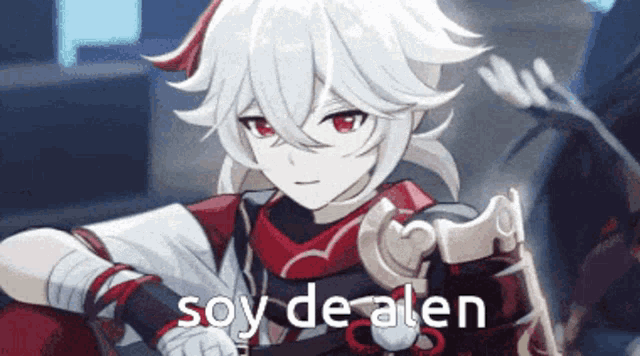 a anime character with white hair and red eyes is holding a sword and says soy de alen