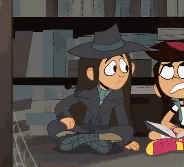 a girl in a hat sits next to another girl in a cartoon