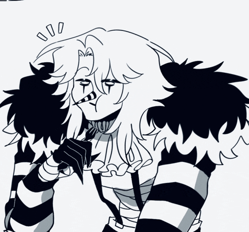 a black and white drawing of a clown with long hair and striped pants
