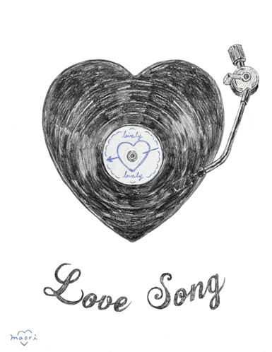 a drawing of a heart shaped record player with the words love song below it