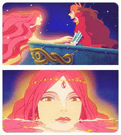 a cartoon drawing of a woman with red hair and a man in a boat