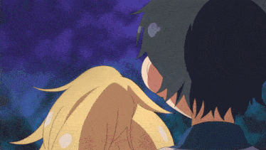 a man and a woman looking at each other with a blue background