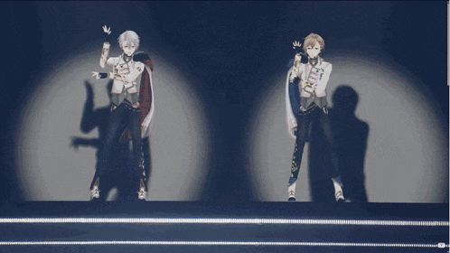 two anime characters are dancing on a stage with their shadows on the wall