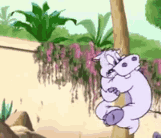 a cartoon hippo is sitting on a tree branch in the jungle .