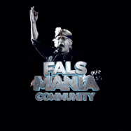 a man is singing into a microphone in front of a sign that says ' false mania community '