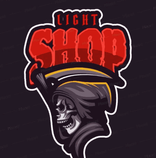 a logo for a light shop has a grim reaper holding a scythe