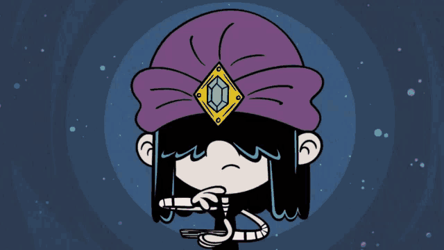 a cartoon character wearing a purple turban with a diamond on it